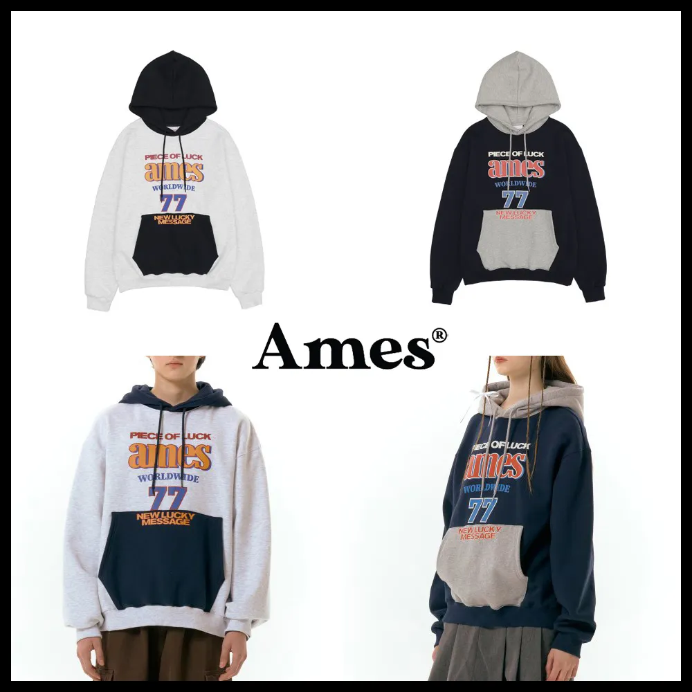 AMES-WORLDWIDE  |Unisex Blended Fabrics Street Style Long Sleeves Logo