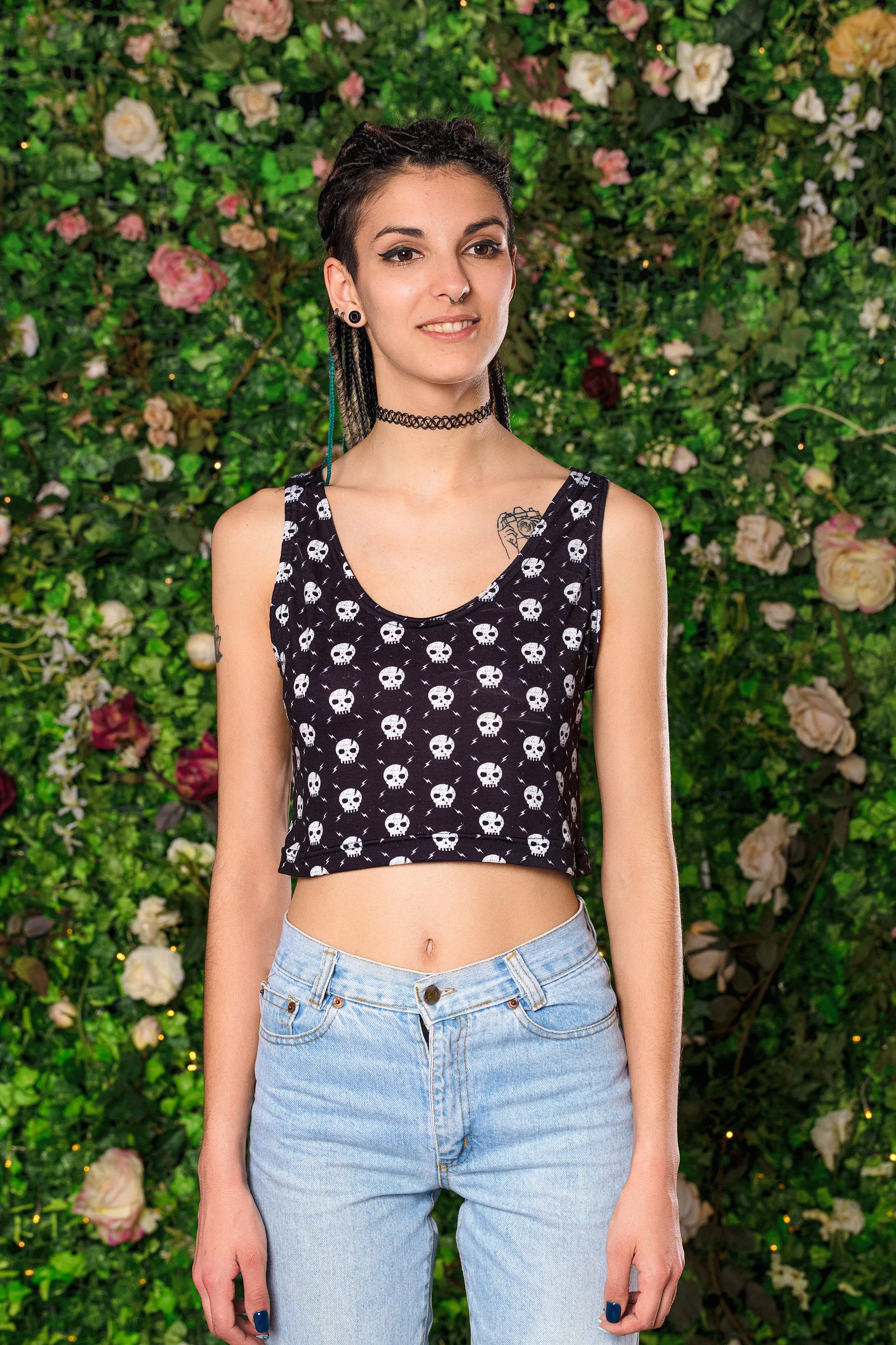 Argyle skull print black little goth crop top