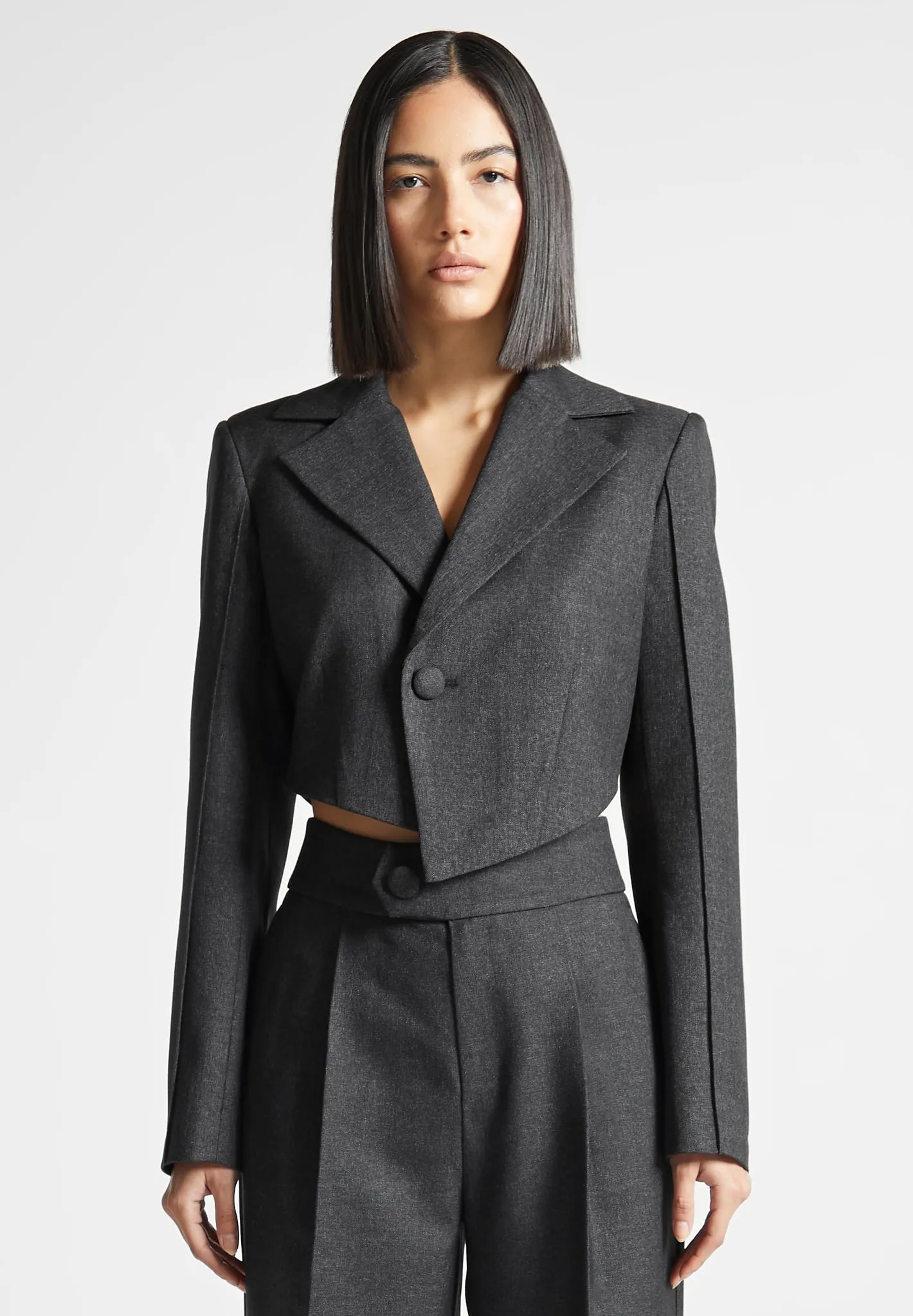 Asymmetric Tailored Cropped Blazer - Dark Grey