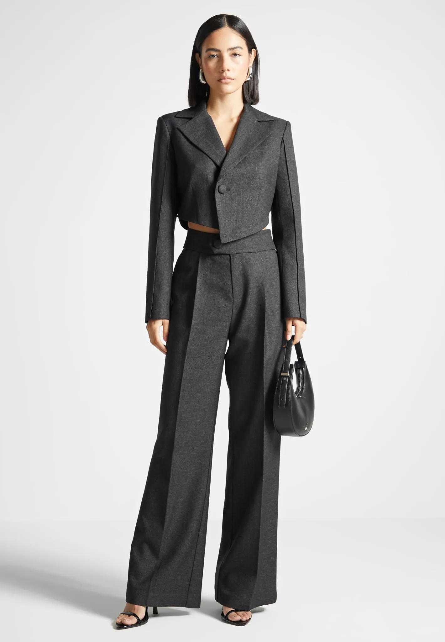 Asymmetric Tailored Cropped Blazer - Dark Grey