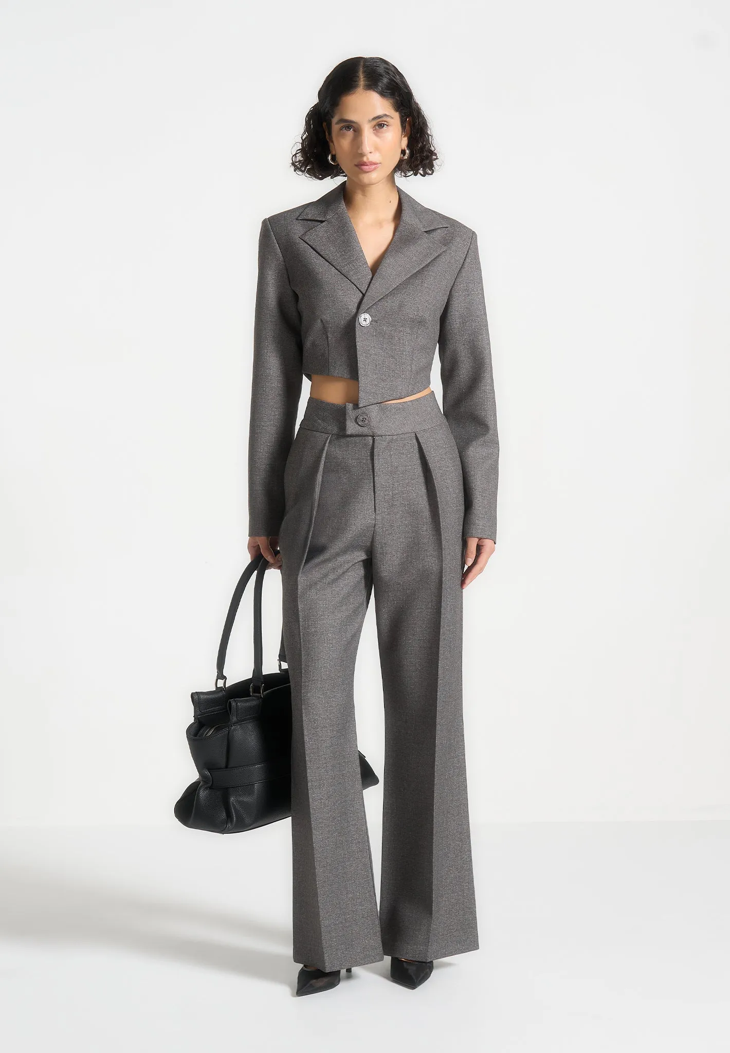 Asymmetric Tailored Cropped Blazer - Grey Marl