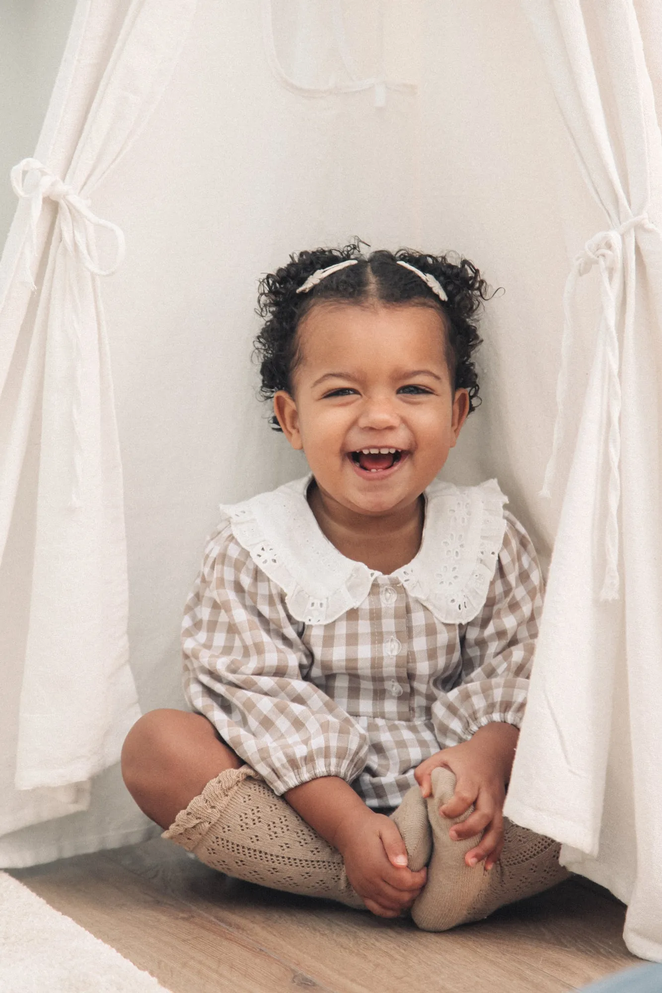 Beige Gingham & White Broderie Collar Romper