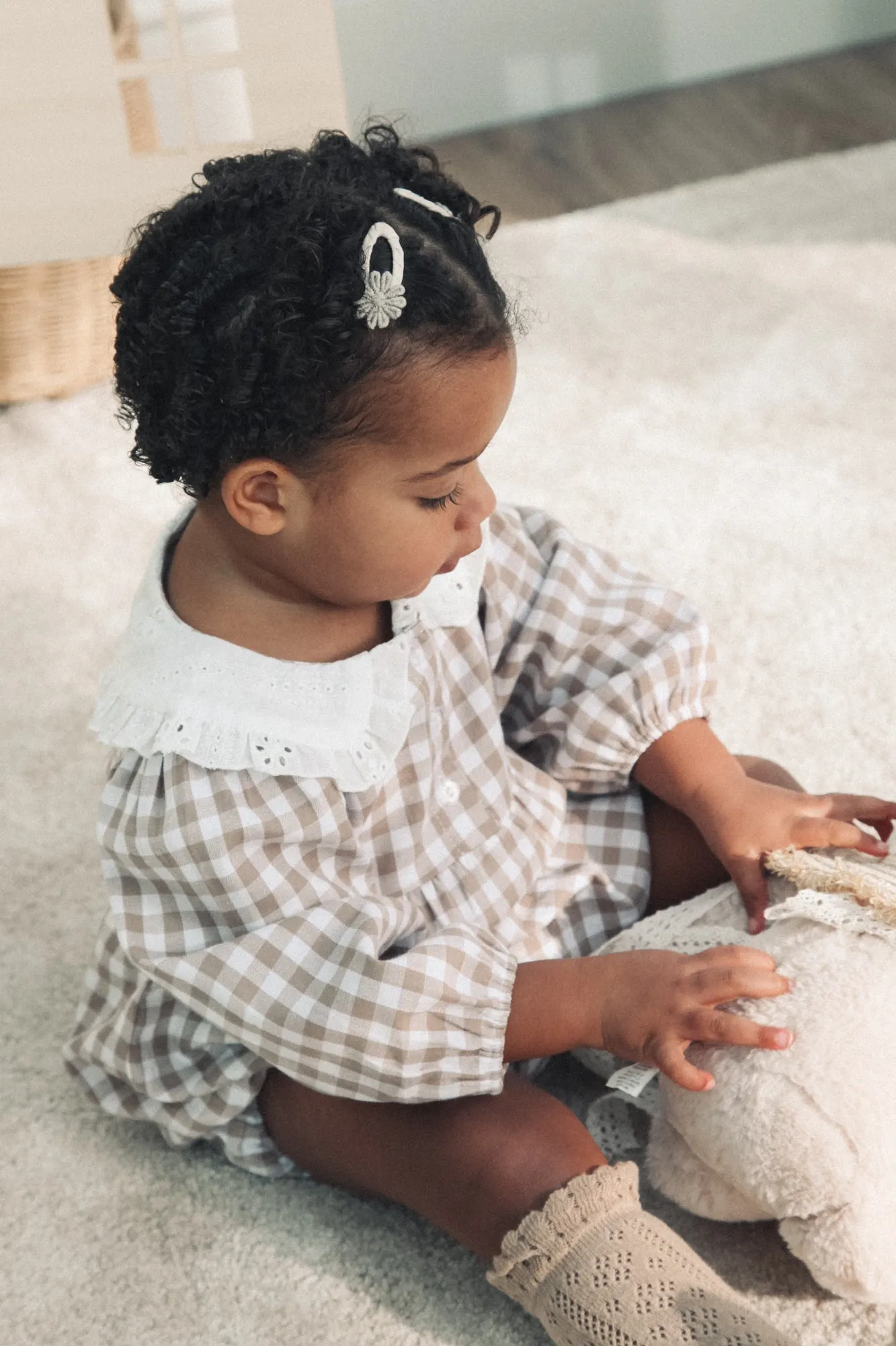 Beige Gingham & White Broderie Collar Romper