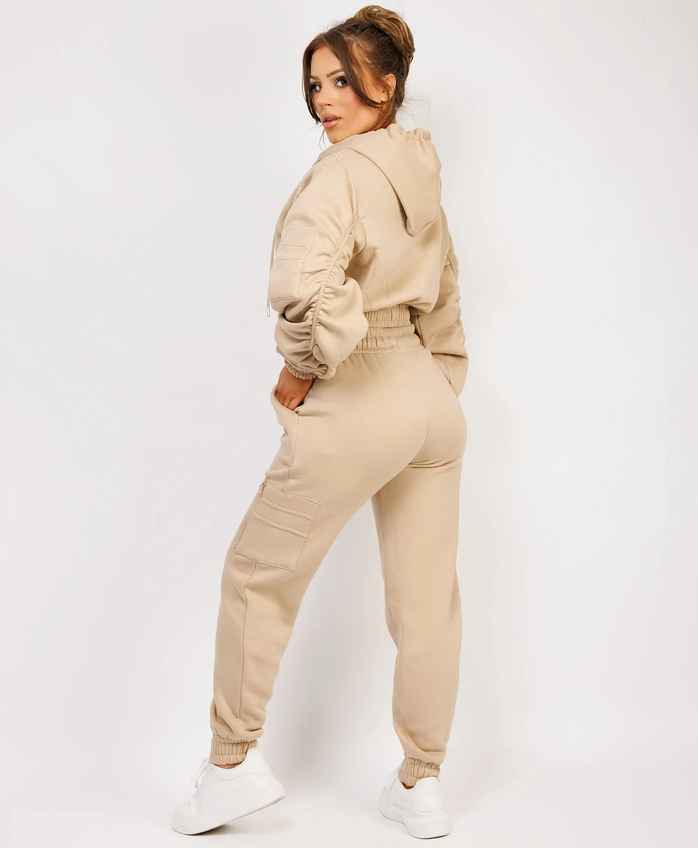 Beige Ruched Sleeve Zipped Hoodie and Joggers Tracksuit