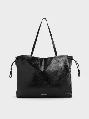 Bethel Crinkle-Effect Ruched Drawstring Tote Bag - Black