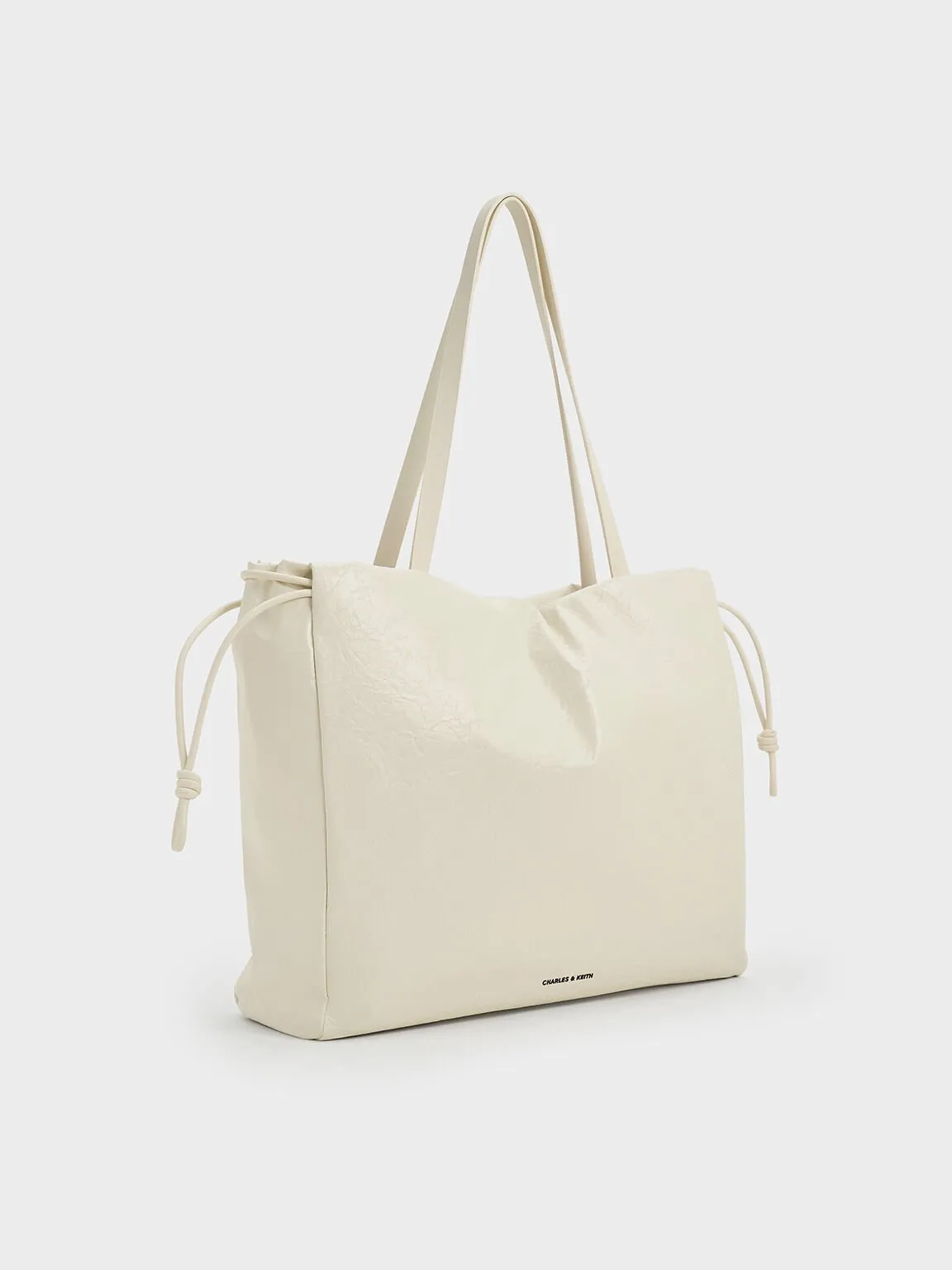 Bethel Crinkle-Effect Ruched Drawstring Tote Bag - Cream