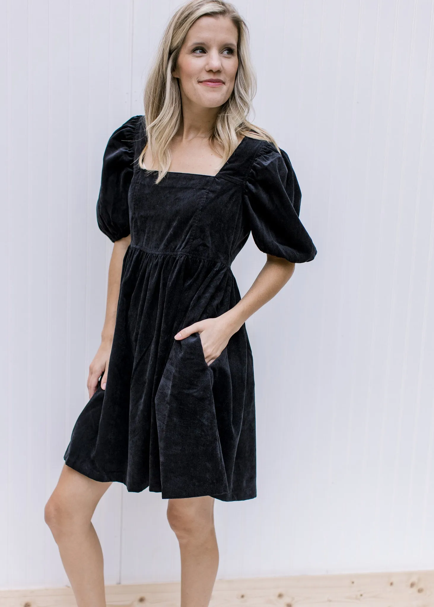 Black Square Neck Corduroy Dress