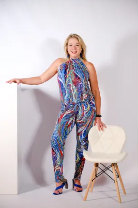 Blue Swirl Halterneck Sleeveless Jumpsuit Narrow Leg