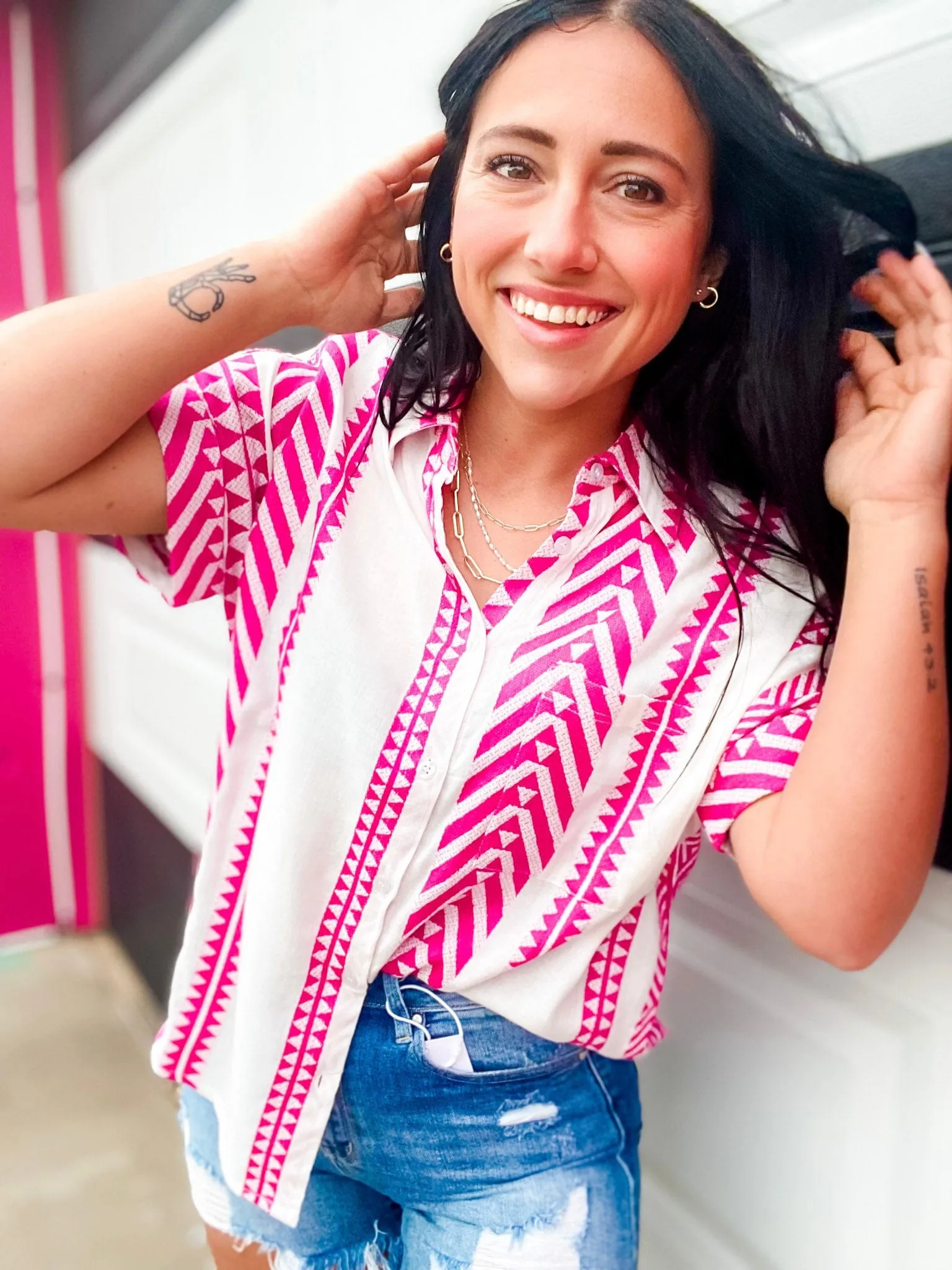 Bright Aztec Button Down-Magenta