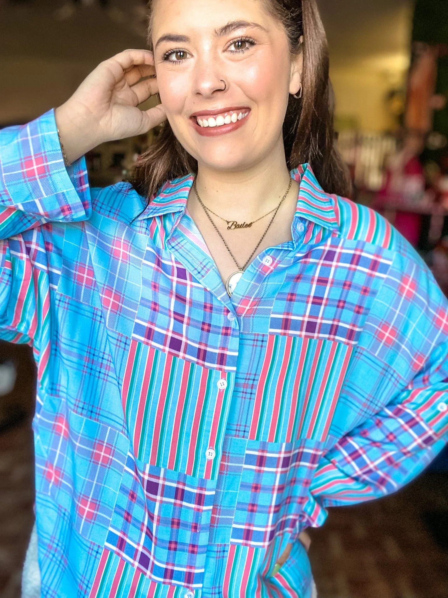 Bright Plaid Button Down Top