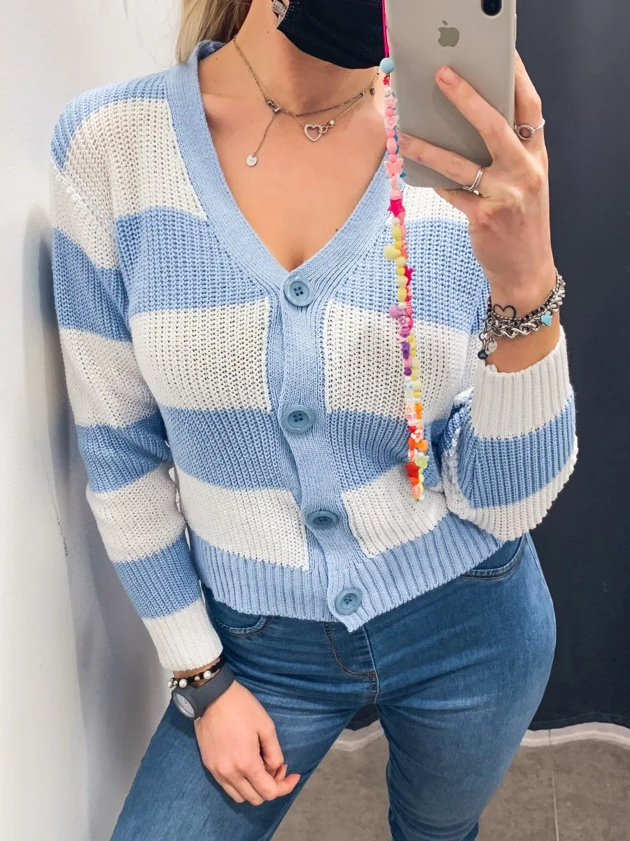 Cardigan a righe azzurro e bianco