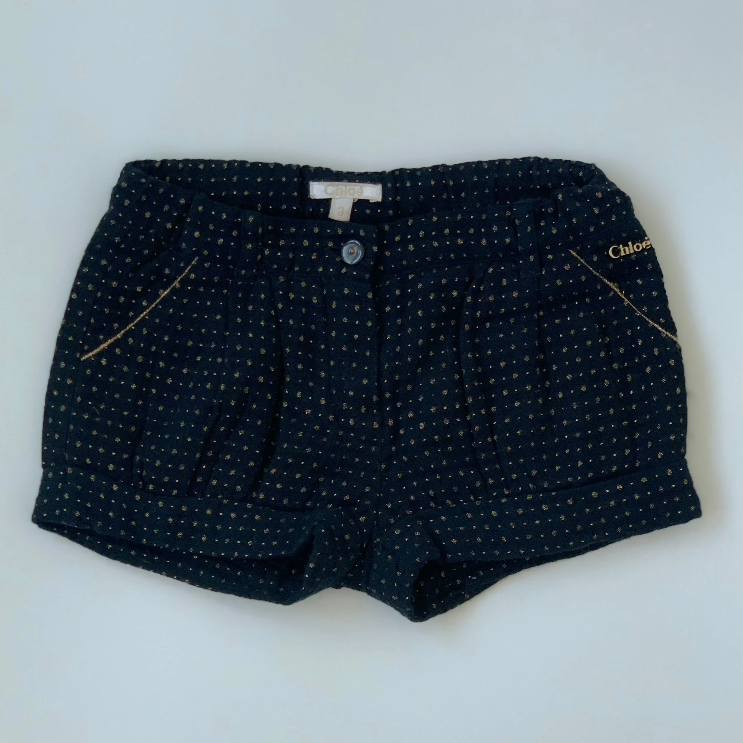 Chloé Navy And Gold Polka Dot Shorts: 3 Years