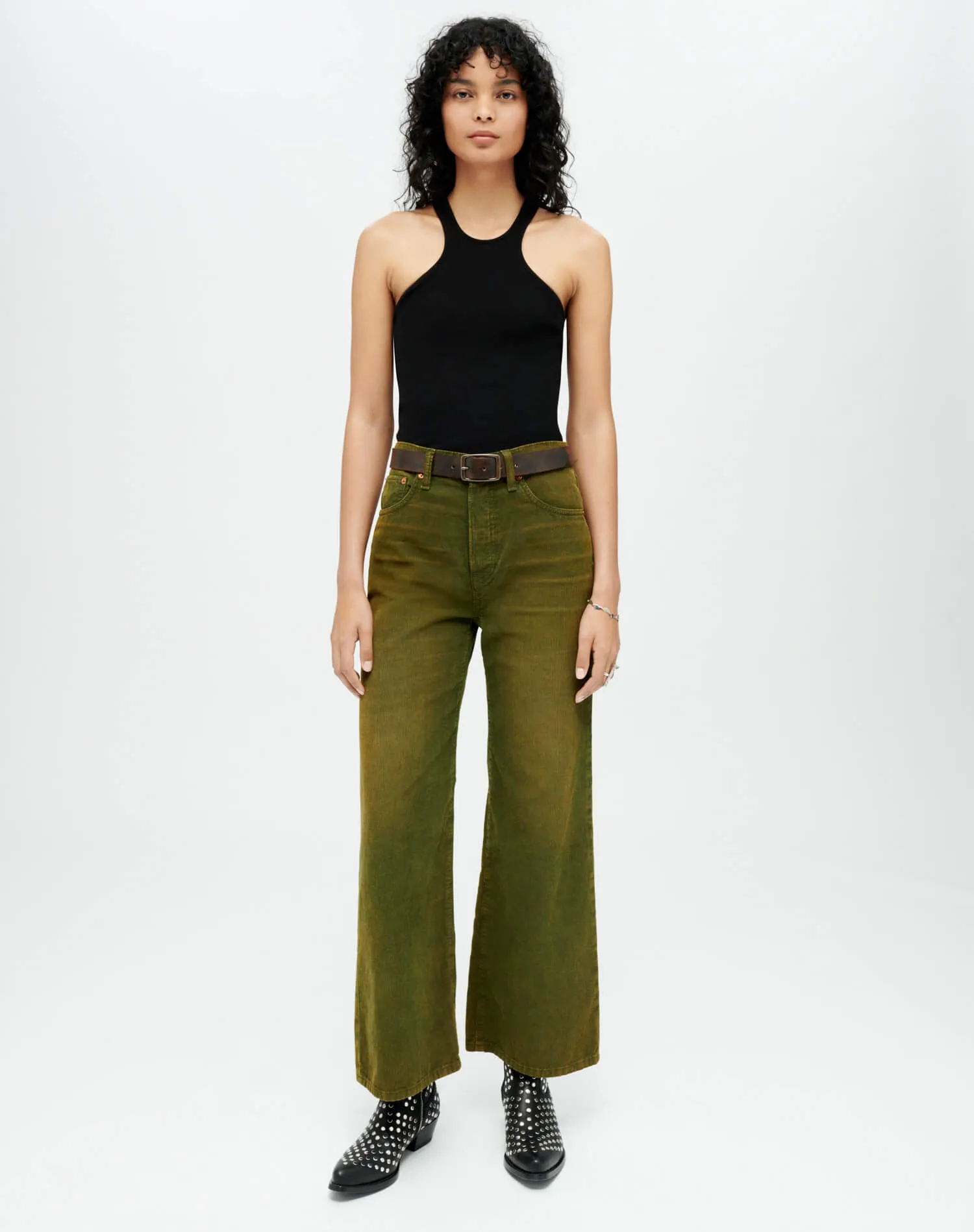 Corduroy High Rise Wide Leg Crop - Distressed Fern Cord