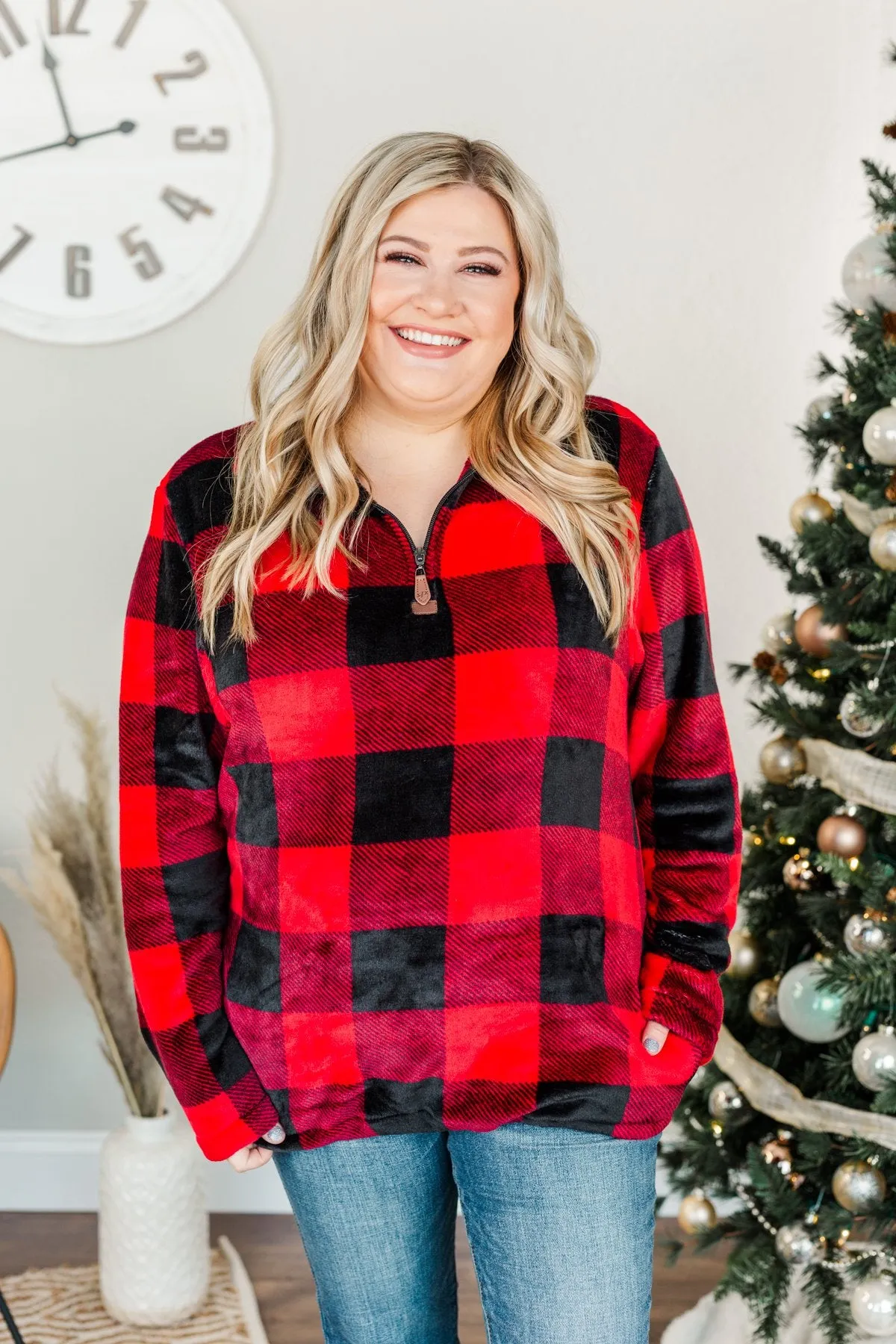 Cozy By The Fire 1/4 Zip Sherpa- Buffalo Plaid