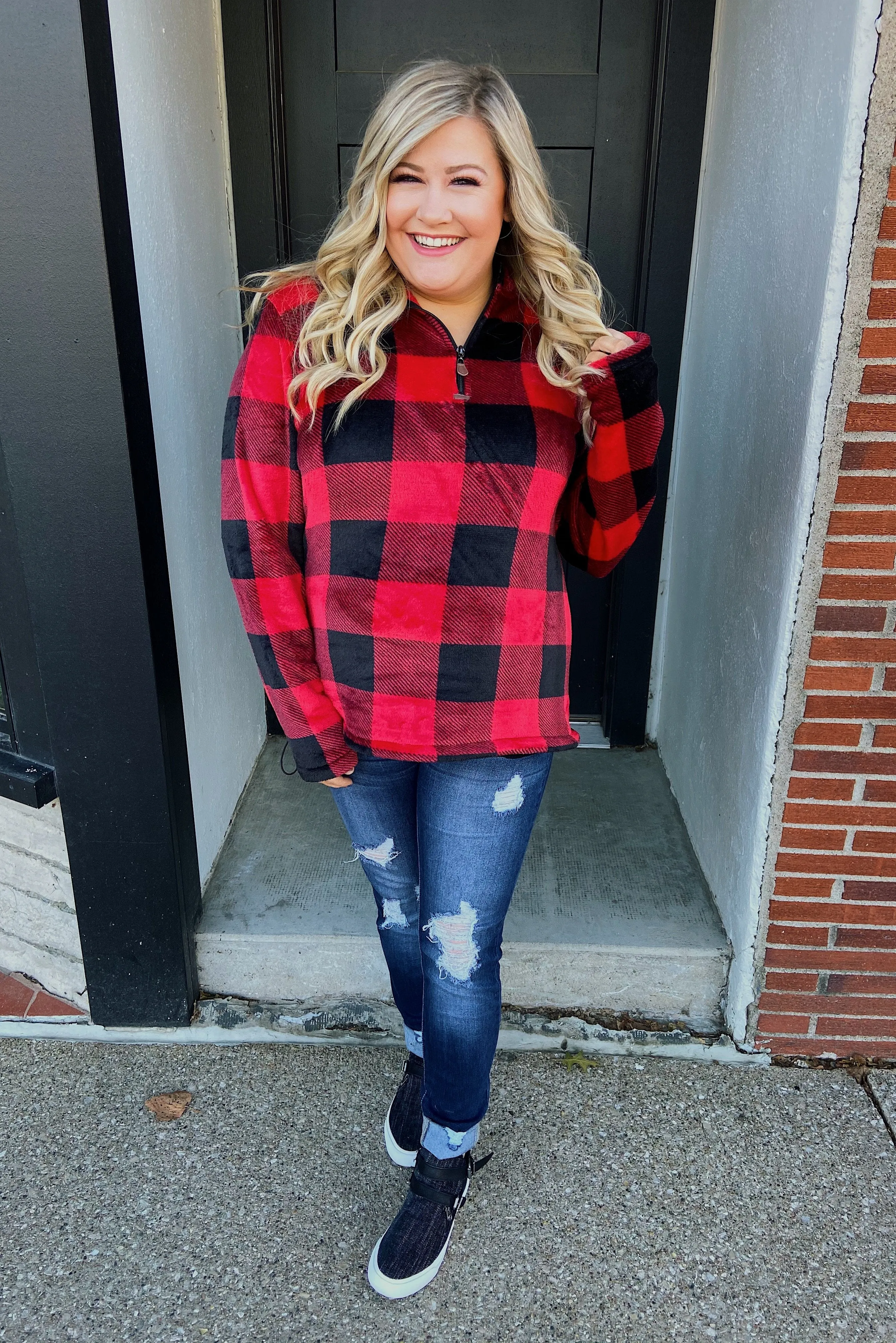 Cozy By The Fire 1/4 Zip Sherpa- Buffalo Plaid