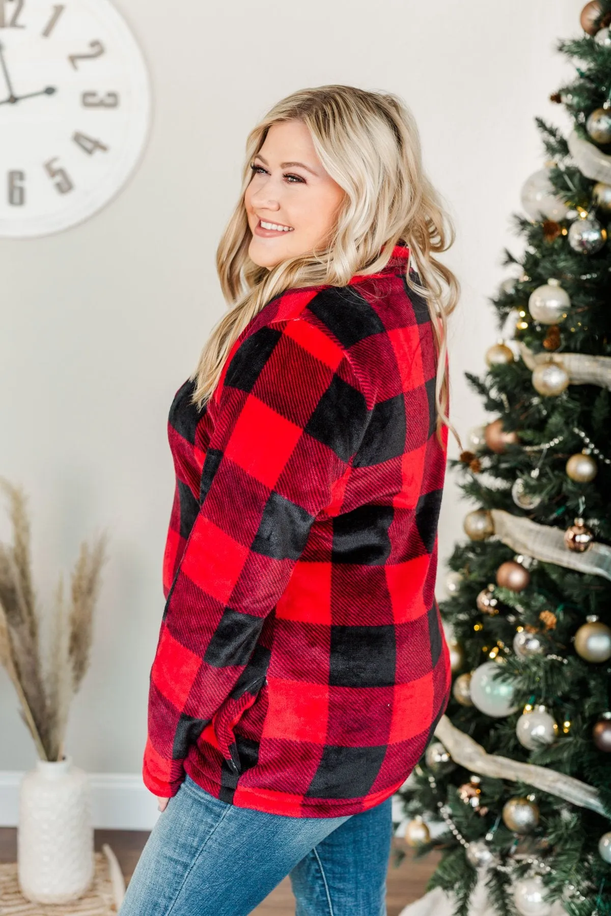 Cozy By The Fire 1/4 Zip Sherpa- Buffalo Plaid