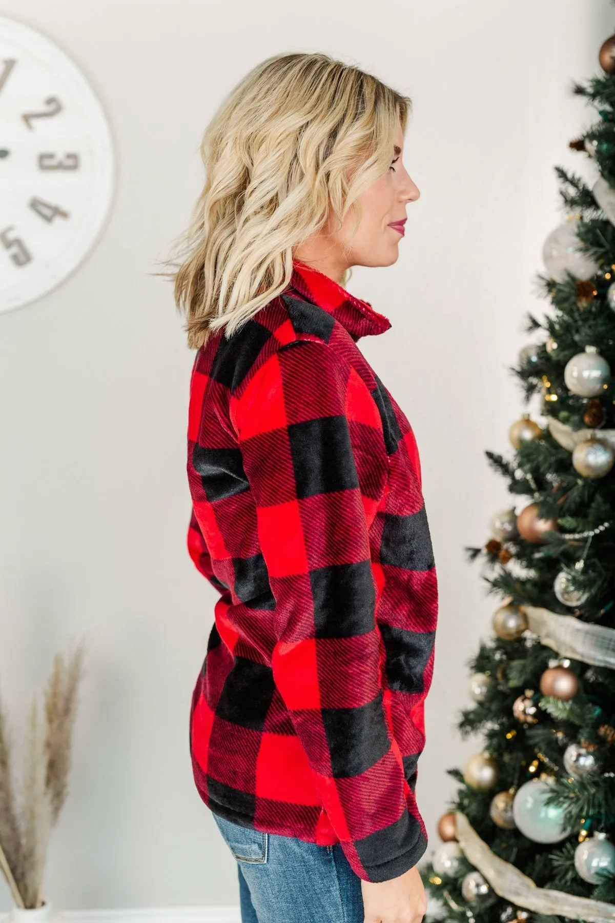 Cozy By The Fire 1/4 Zip Sherpa- Buffalo Plaid