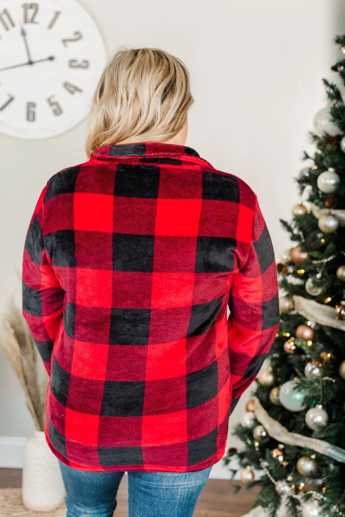 Cozy By The Fire 1/4 Zip Sherpa- Buffalo Plaid