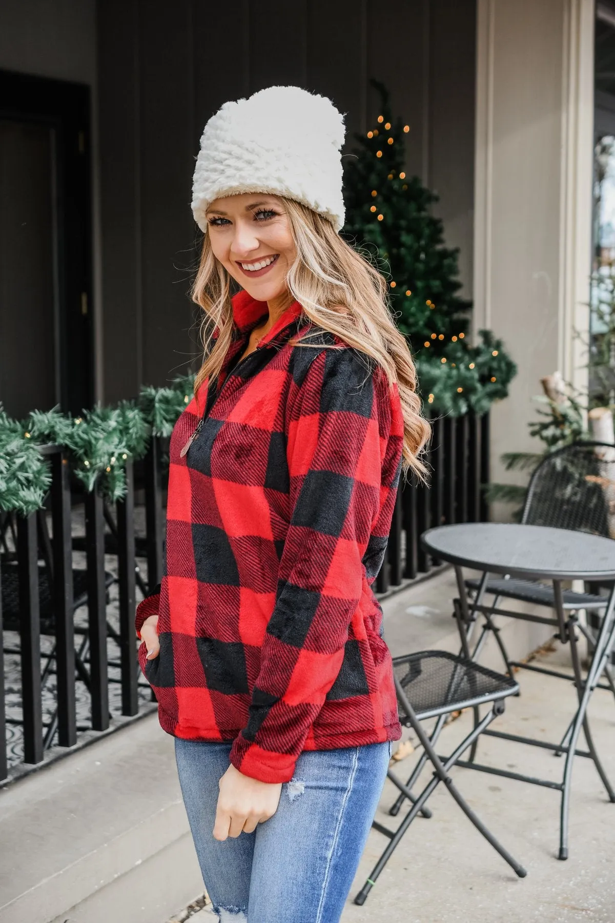 Cozy By The Fire 1/4 Zip Sherpa- Buffalo Plaid