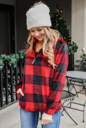 Cozy By The Fire 1/4 Zip Sherpa- Buffalo Plaid