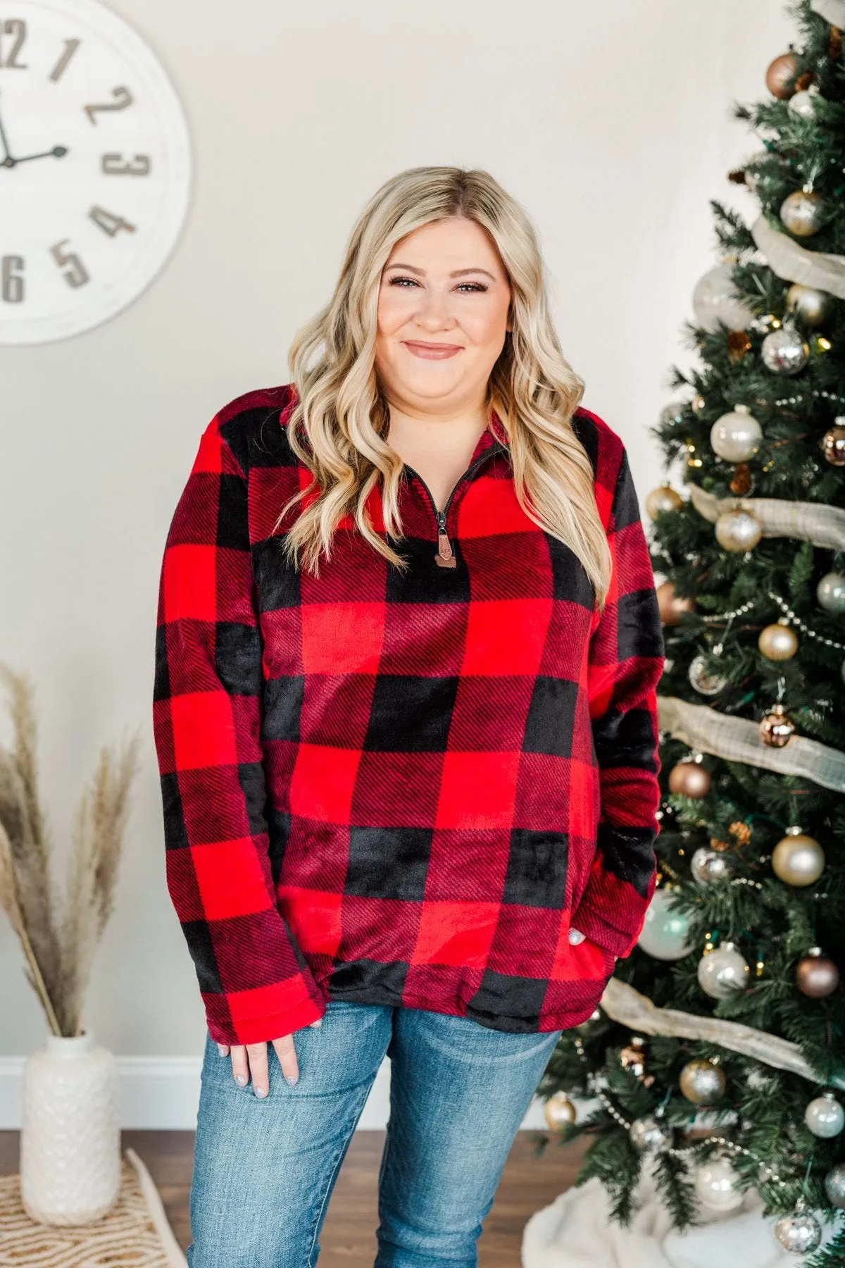 Cozy By The Fire 1/4 Zip Sherpa- Buffalo Plaid