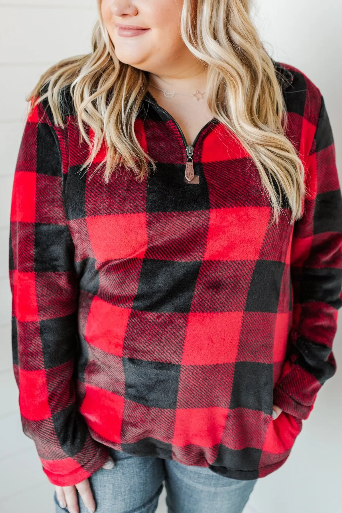 Cozy By The Fire 1/4 Zip Sherpa- Buffalo Plaid