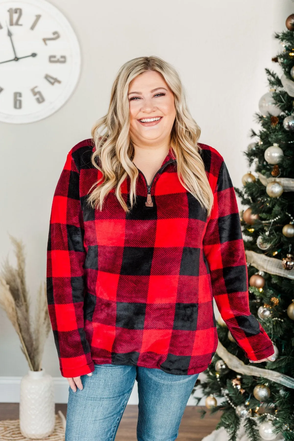 Cozy By The Fire 1/4 Zip Sherpa- Buffalo Plaid