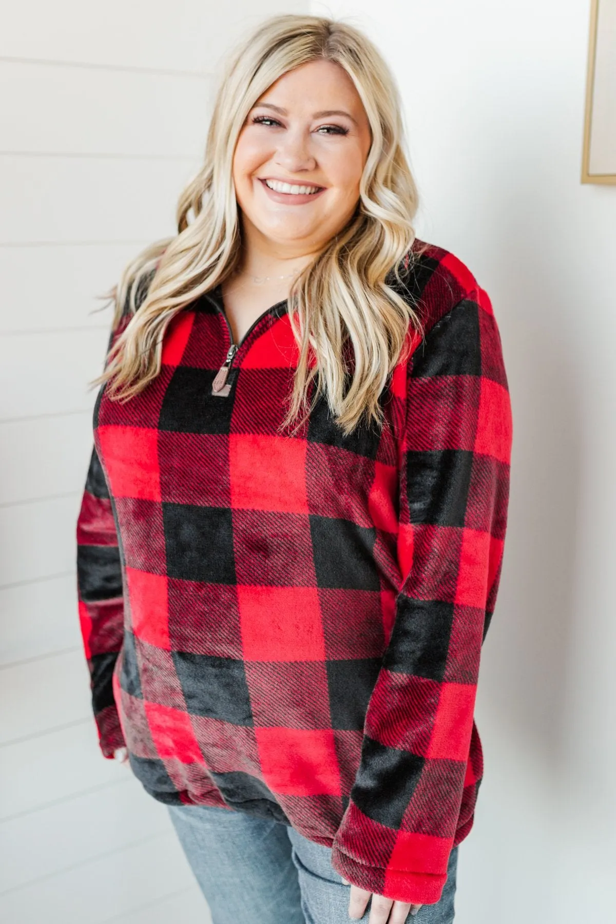 Cozy By The Fire 1/4 Zip Sherpa- Buffalo Plaid