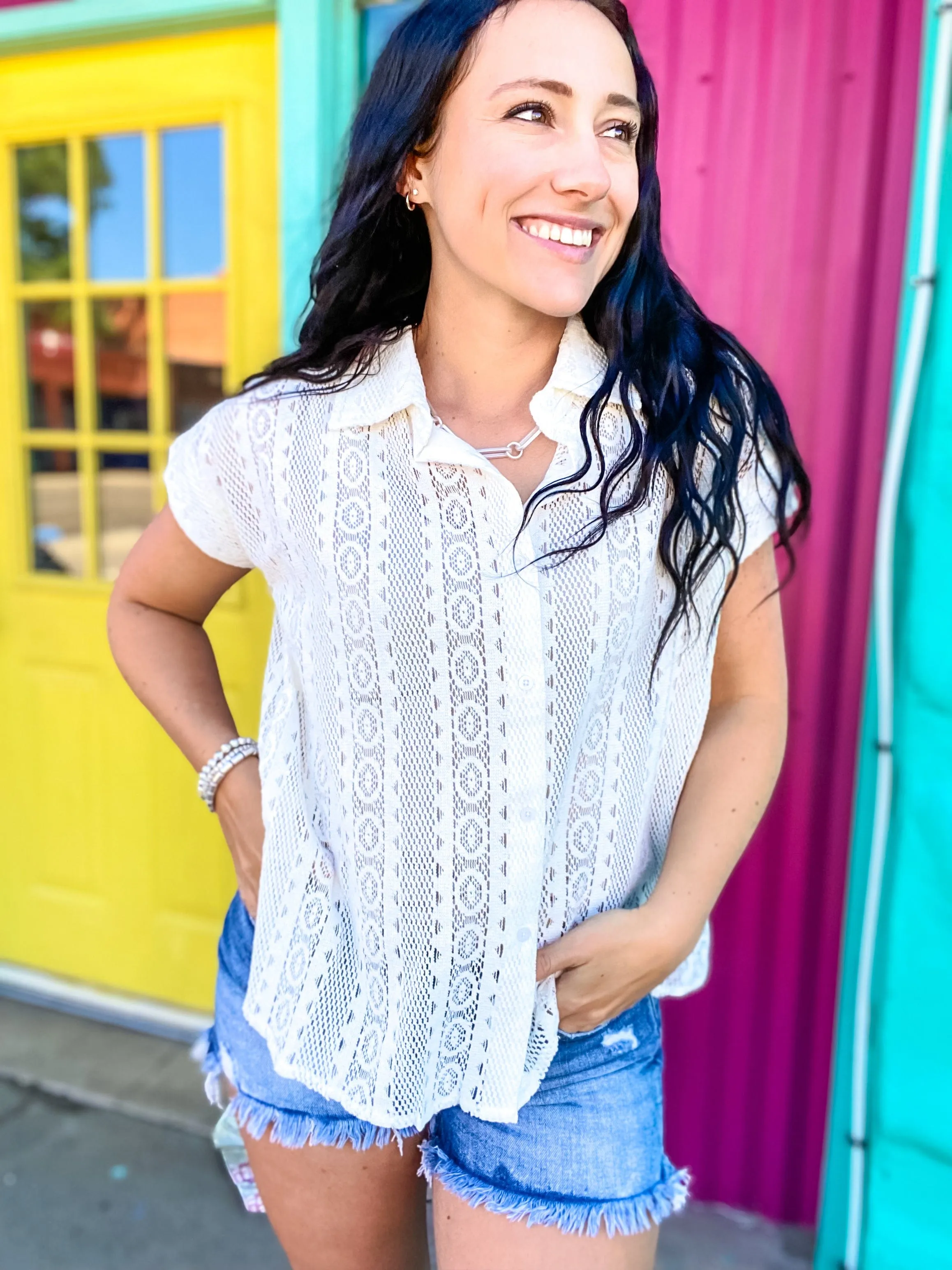 Cream Crochet Button Down Top