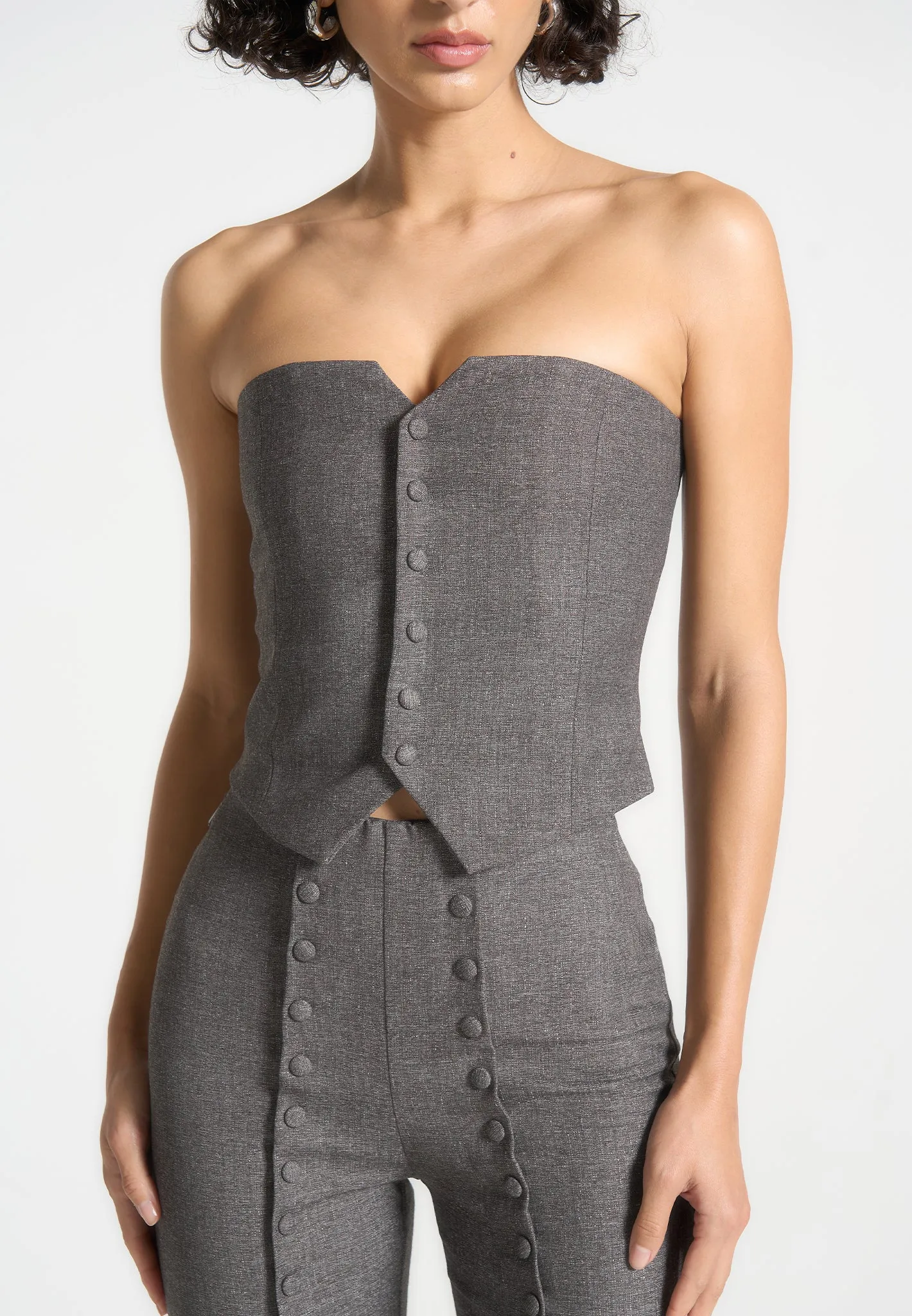 Cropped Tailored Blazer & Button Detail Bandeau - Dark Grey