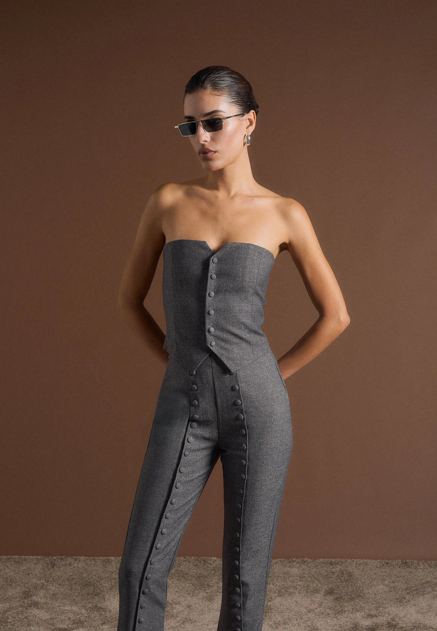 Cropped Tailored Blazer & Button Detail Bandeau - Dark Grey