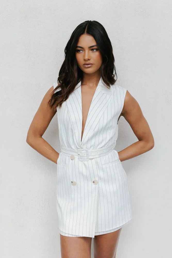 Cullen Blazer Dress - White Pinstripe