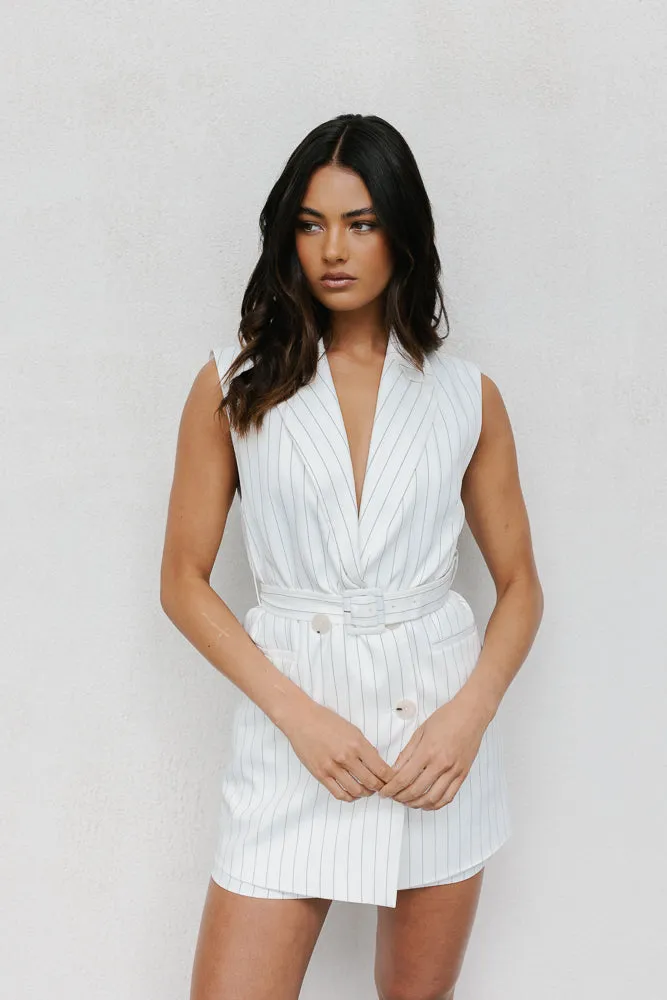 Cullen Blazer Dress - White Pinstripe