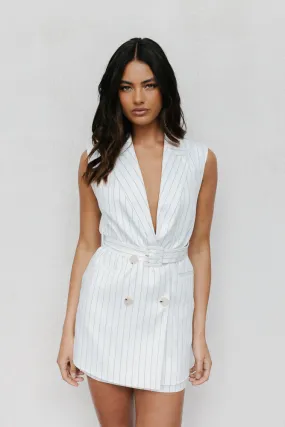 Cullen Blazer Dress - White Pinstripe