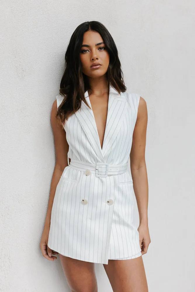 Cullen Blazer Dress - White Pinstripe