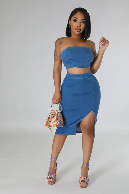 Denim Tubetop And Pencil Skirt Set