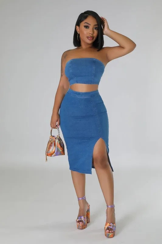 Denim Tubetop And Pencil Skirt Set