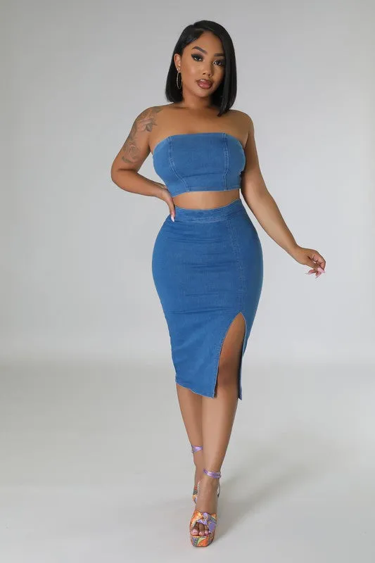 Denim Tubetop And Pencil Skirt Set