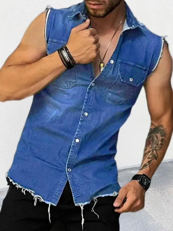 Distressed Sleeveless Men Denim Shirt