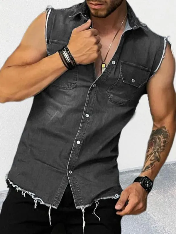 Distressed Sleeveless Men Denim Shirt