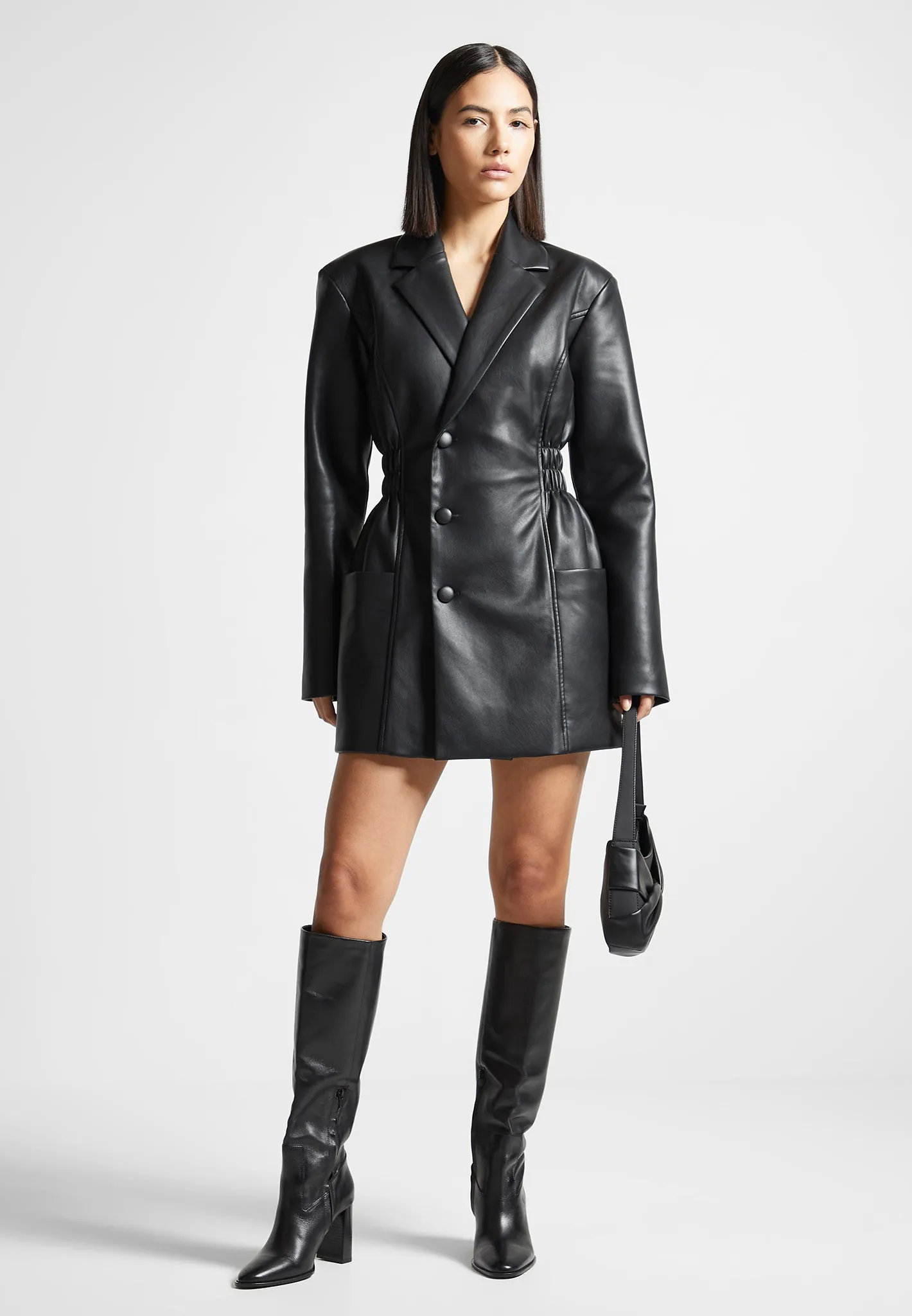 Double Breasted Leather Blazer Dress - Black