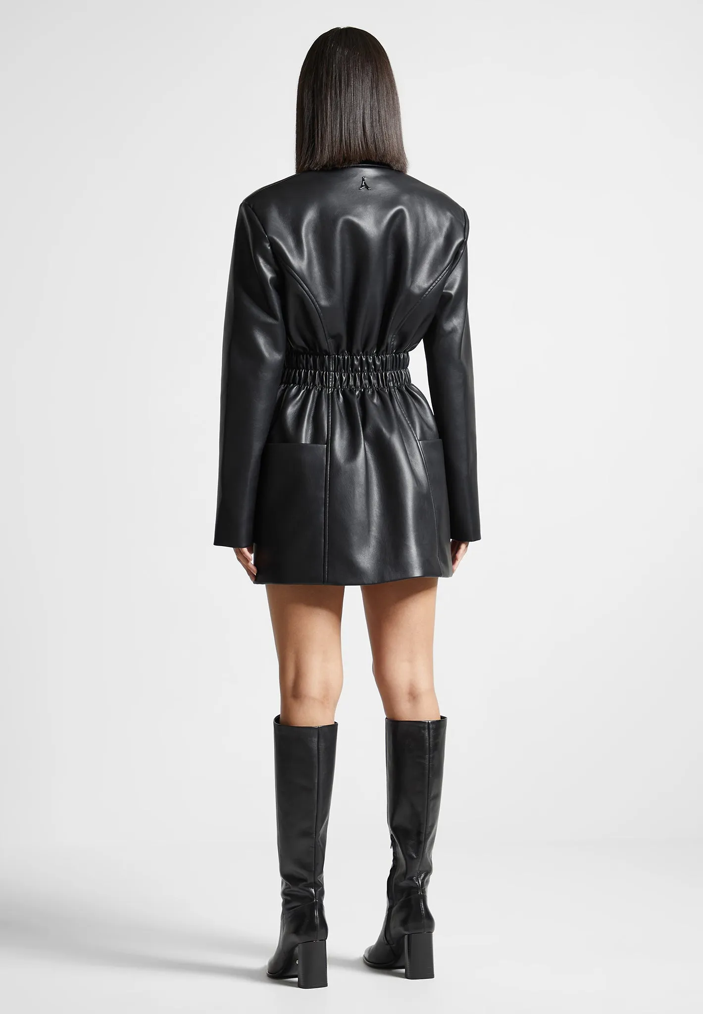 Double Breasted Leather Blazer Dress - Black