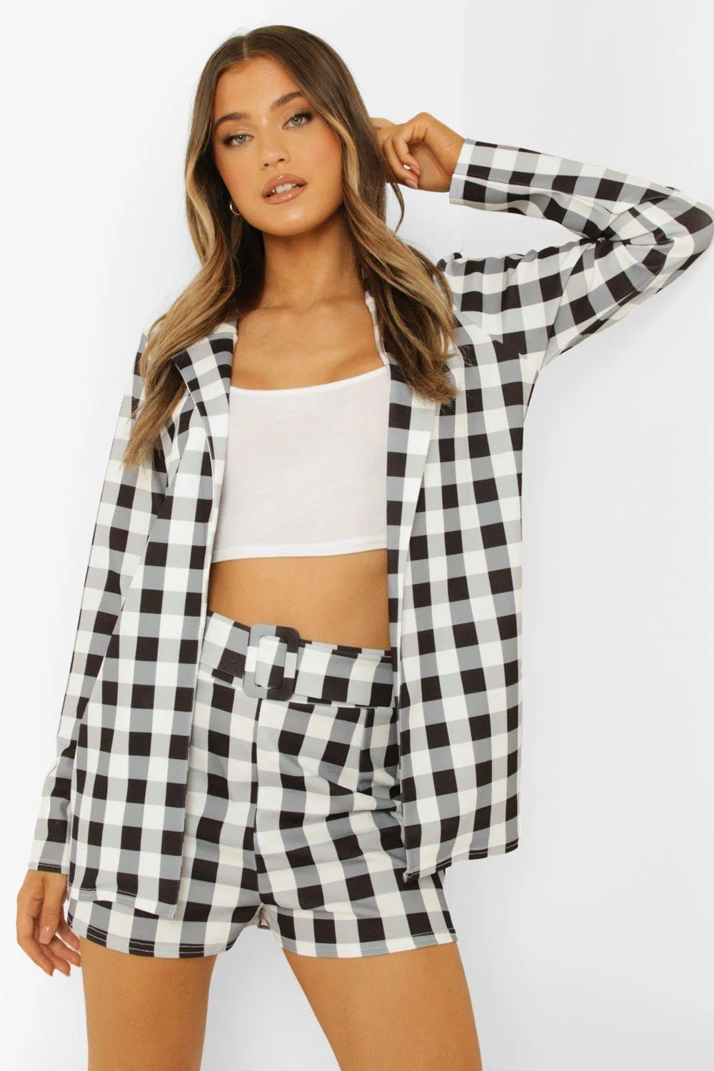 Gingham Blazer & Self Fabric Belted Shorts