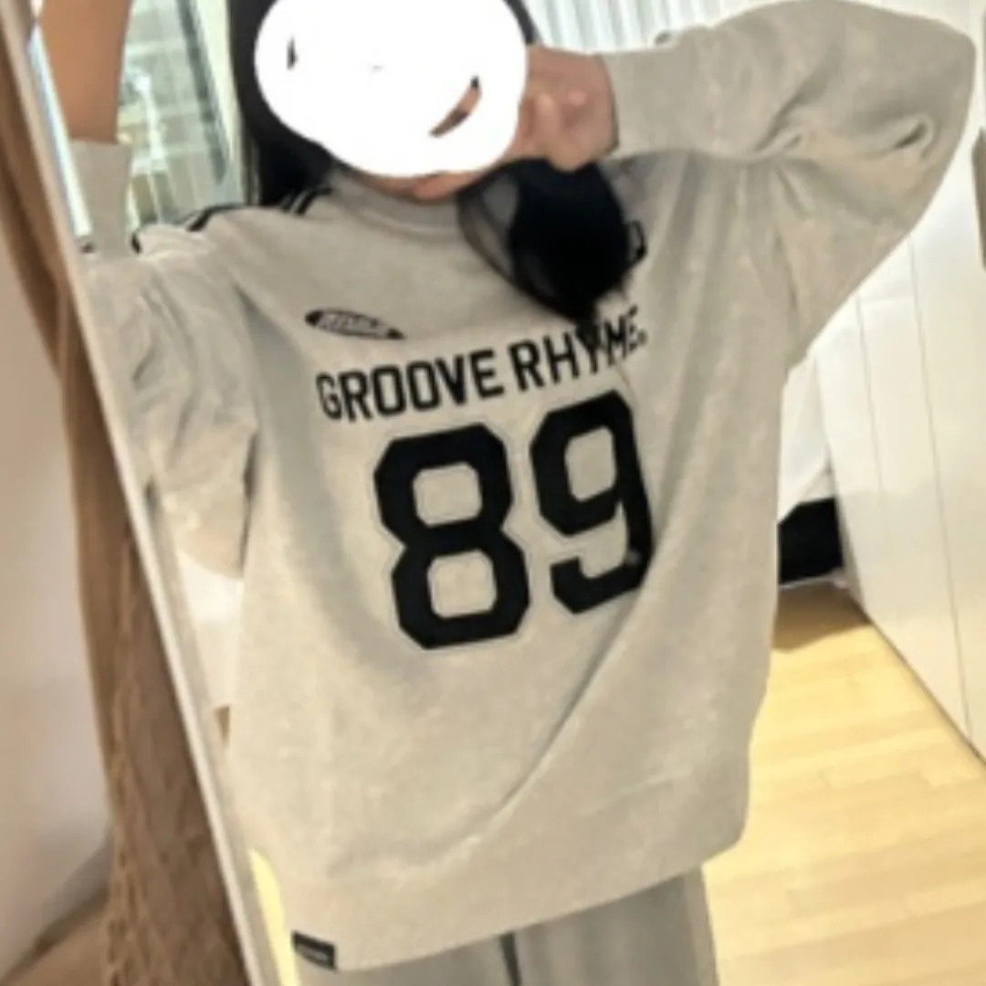 GROOVE RHYME  |Unisex Street Style Long Sleeves Cotton Oversized Logo