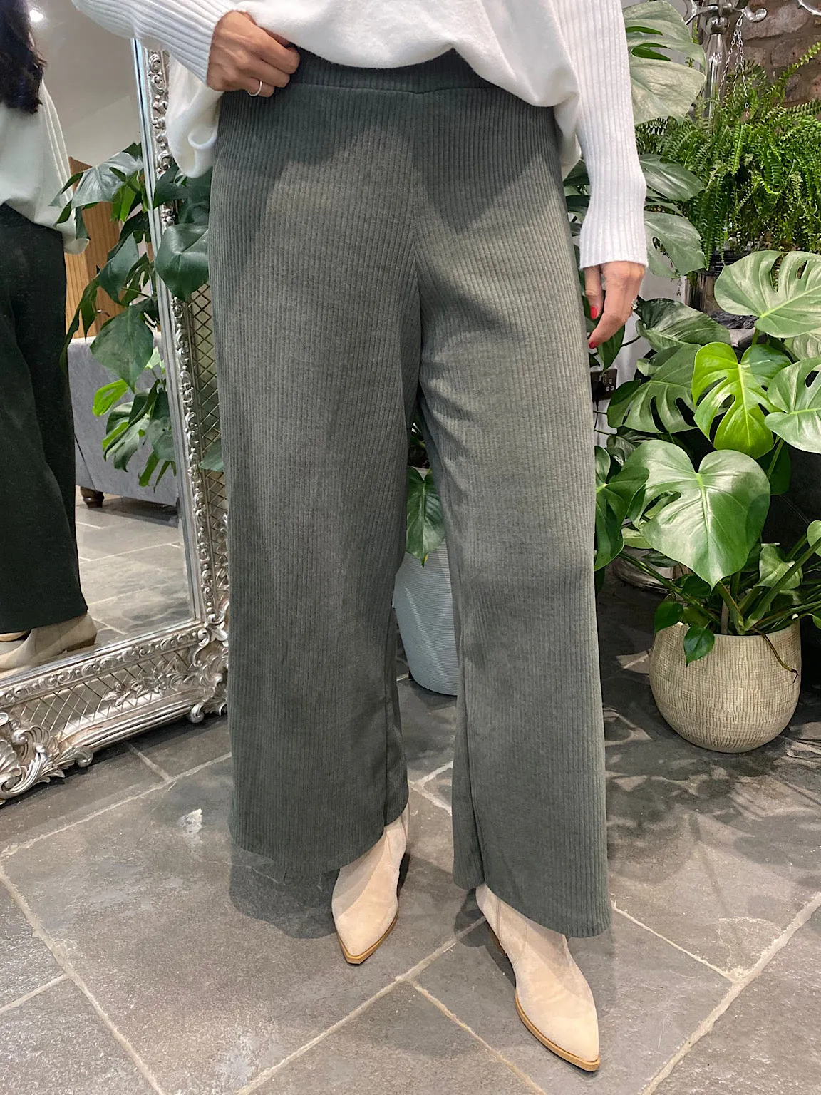 Khaki Corduroy Wide Leg Trousers