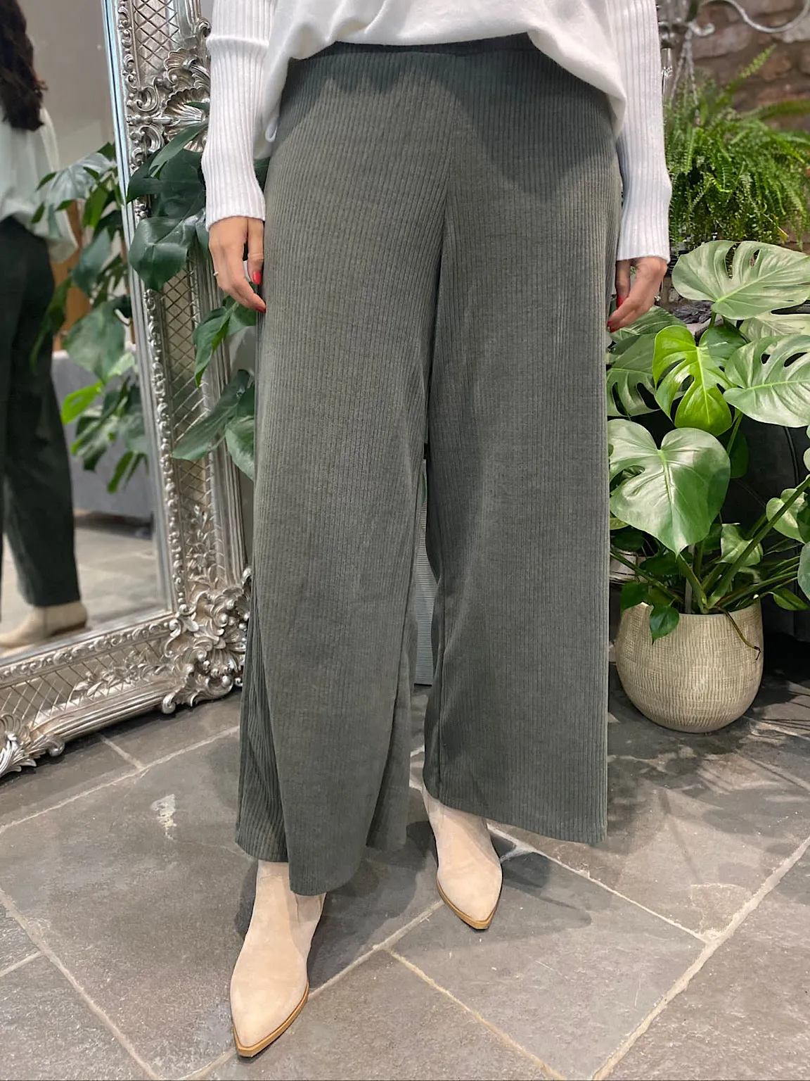 Khaki Corduroy Wide Leg Trousers