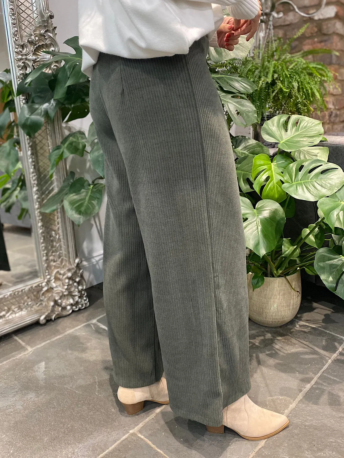 Khaki Corduroy Wide Leg Trousers