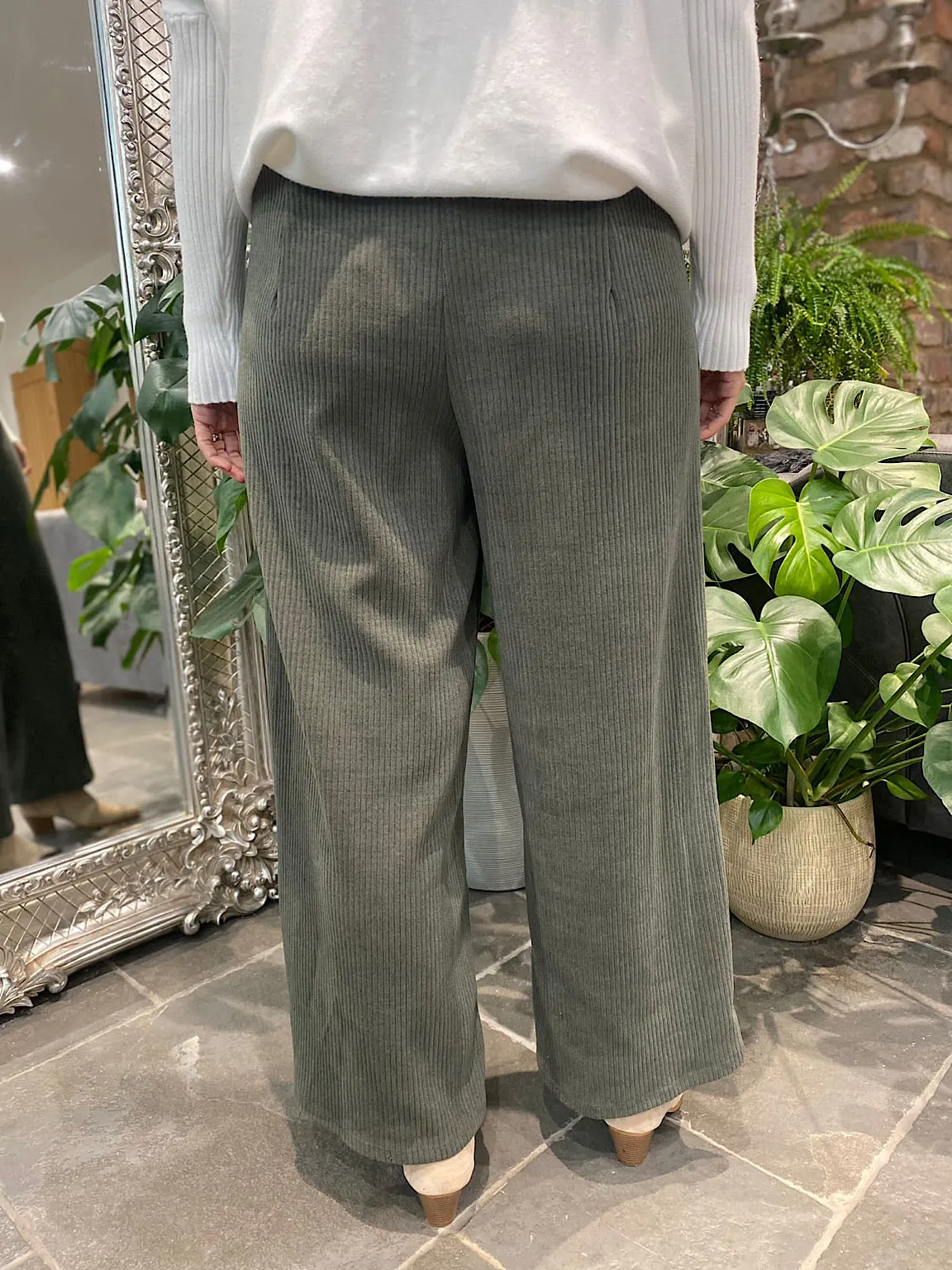 Khaki Corduroy Wide Leg Trousers