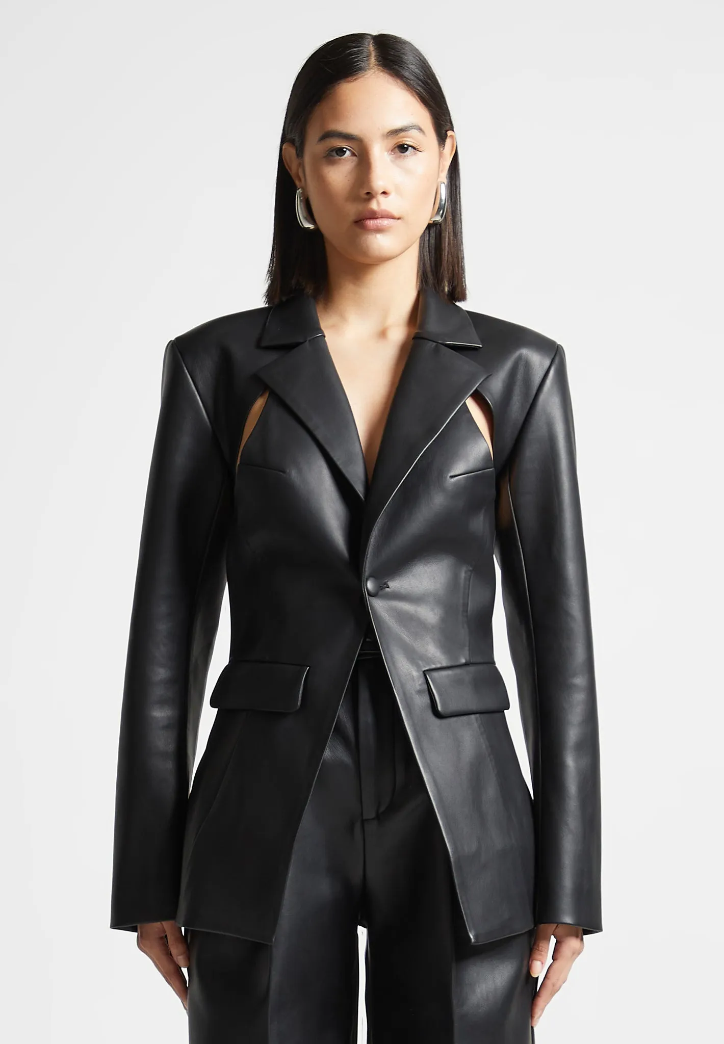 Leather Cut Out Blazer - Black