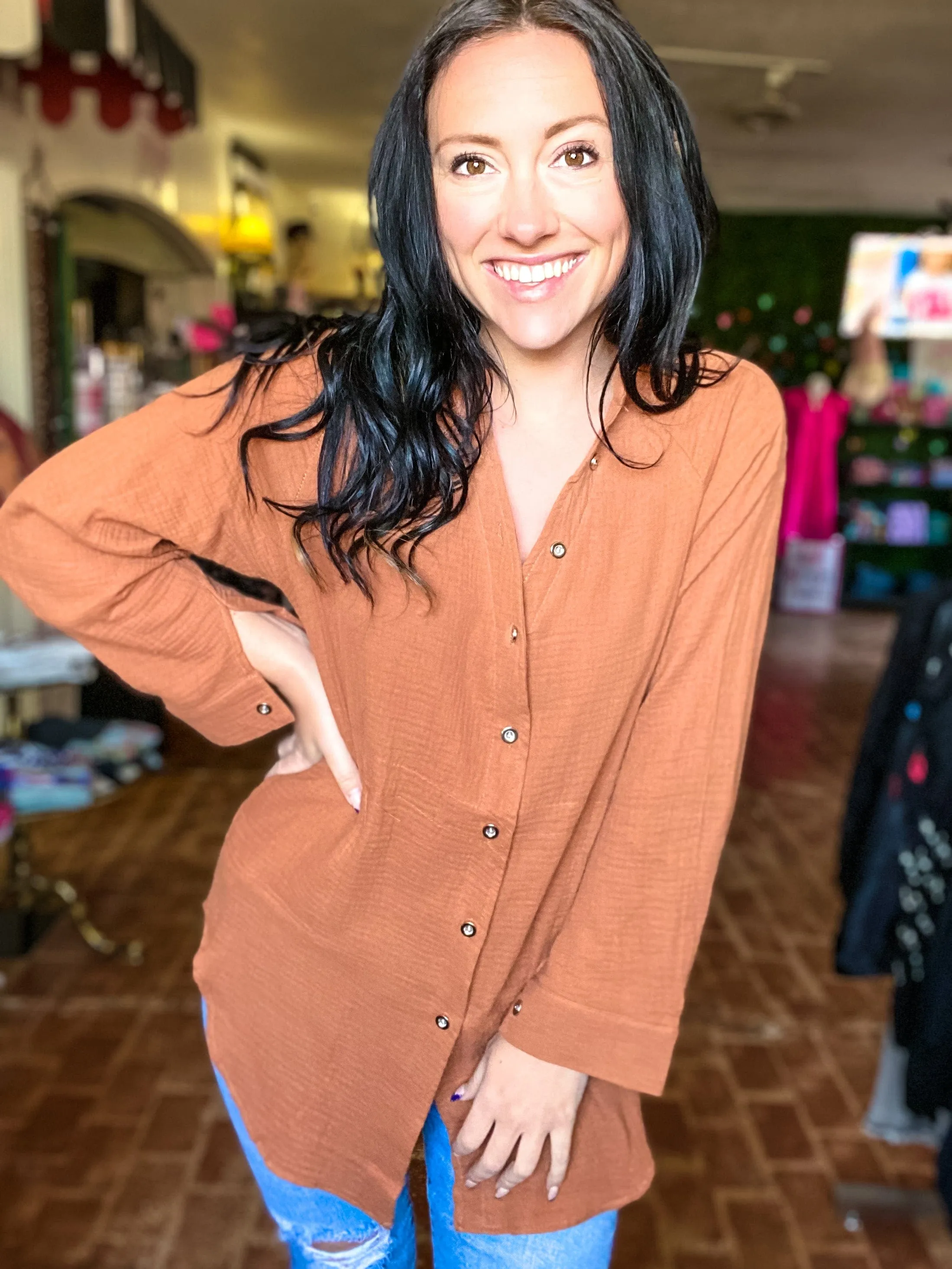 Leona Gauze Button Down Rust